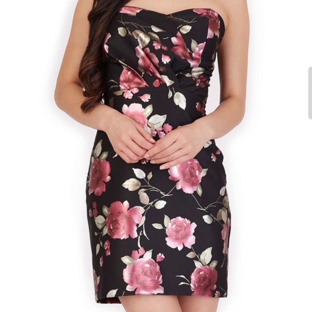 *NWT* BCX Juniors Black with Roses Floral Print Strapless Mini Dress Size 15
